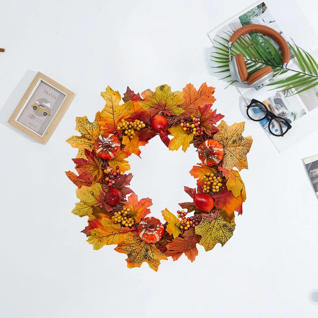 14 Inch Fall Wreath Fall Decoration For Front Doors With Maple Leaves, Pumpkins And Berries Hanging From Indoor And Outdoor Wall