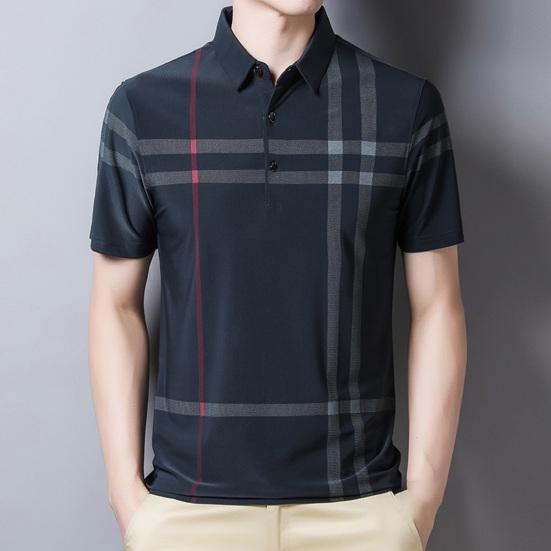Herren Pullover Streifen Knitterfrei Eis Seide Kurzarm Slim Fit Hemd für Business