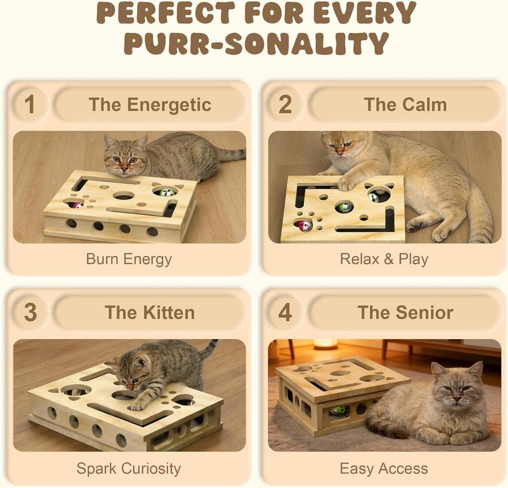 Solid Wood Cat Scratcher & Teaser: Interactive 3-in-1 Self-Entertainment, Nail Grinding, Educational Toy