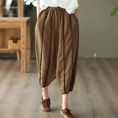 Women's Summer Literary Retro Cotton Linen Harlequin Trousers Thin Section Casual Loose Nine-minute Trousers