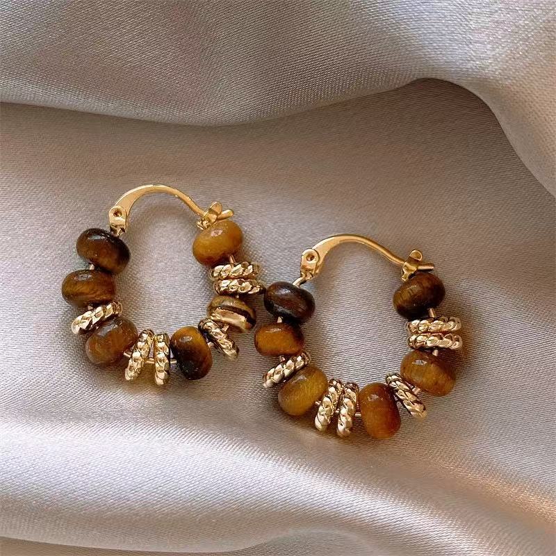 Silver needle tiger's eye stone geometric round pendant earrings retro Maillard style stud earrings personalized niche design earrings