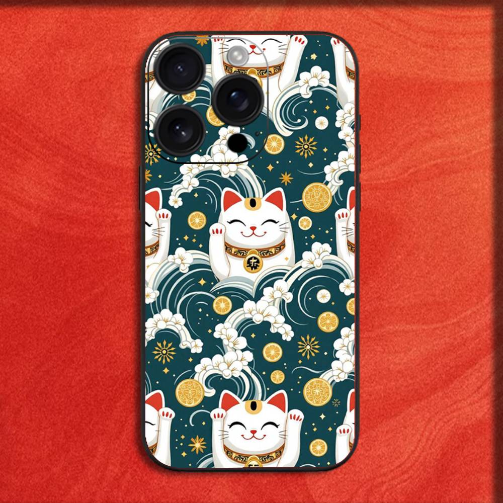 Phone Case For iPhone 16,15,14,13,12,11,Pro,XS,Max,XR,Plus,E,Mini Maneki Neko Lucky Money Cat Black Shockproof Cover