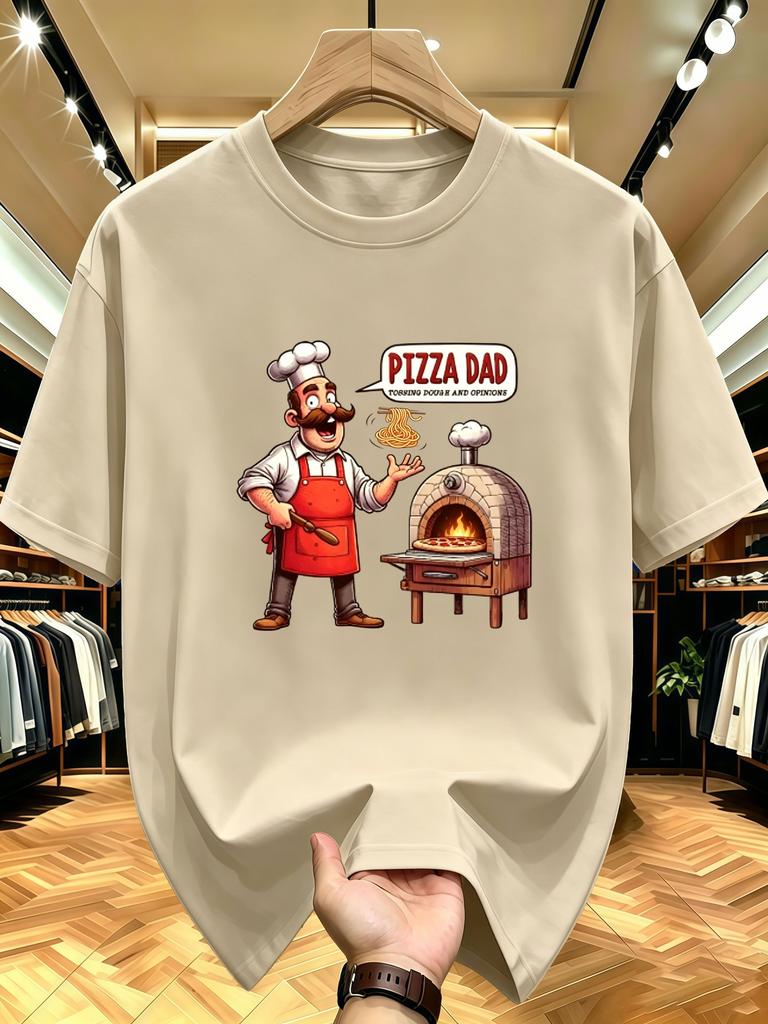 Unisex O Neck Tee Funny Pizza Dad Chef Cartoon Print Cotton Short Sleeve Loose Summer Street Breathable Daily Casual Basic Wear Top