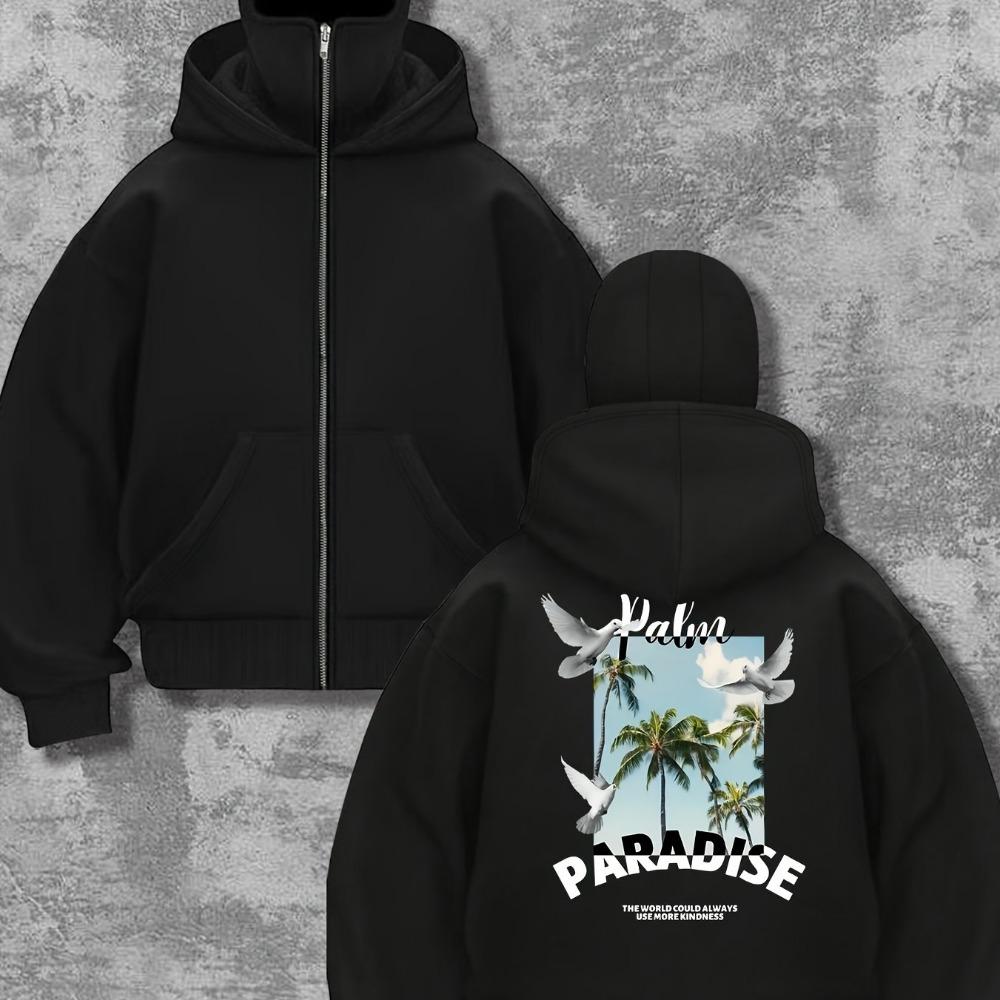 Double Hat, Double Neck Men's and Women's Fashionable Street Style Hooded Sweatshirt with Printed Zipper Pattern Sweatshirt