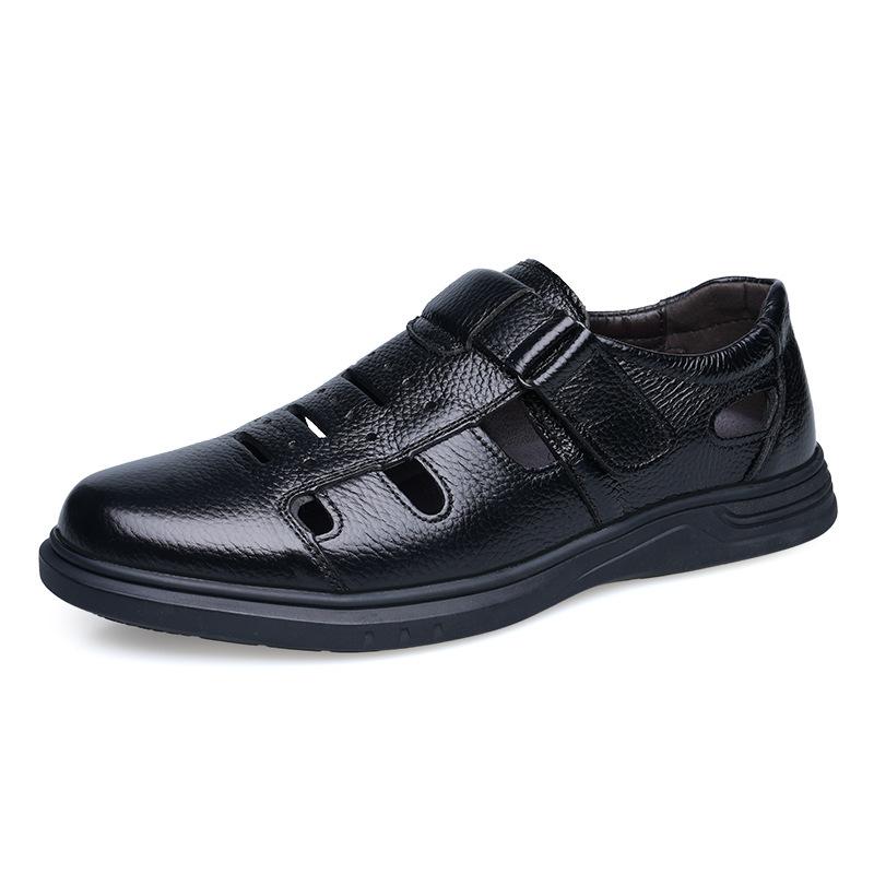 First Layer Cowhide Sandals Men'S Leather Hole Leather Shoes Hollow Breathable Dad Shoes Bag Head Leather Sandals