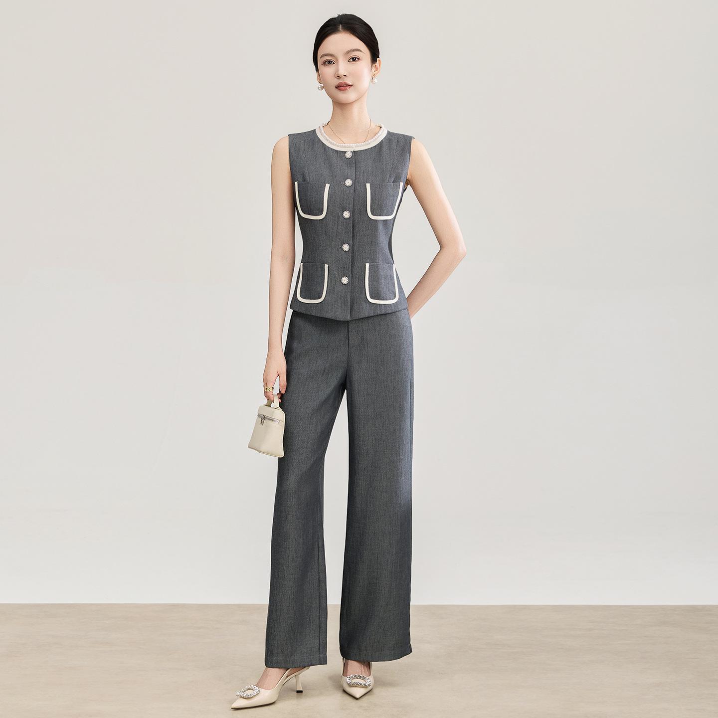 Women s Spring Tencel Linen Beaded Vest & Wide-Leg Pants Suit Large джинсовый/серый