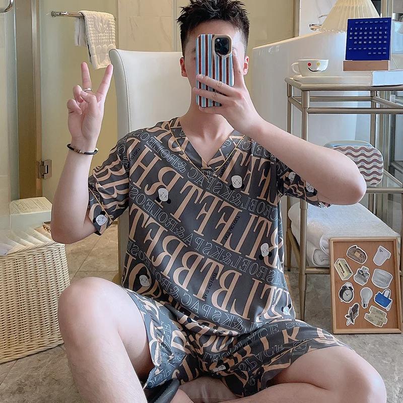 Fashion Pajamas Men Short-Sleeved V-Neck Youth Sleepwear Two-Piece Grey Cartoon Letter Letter Pajamas Set Home Wear Breathable