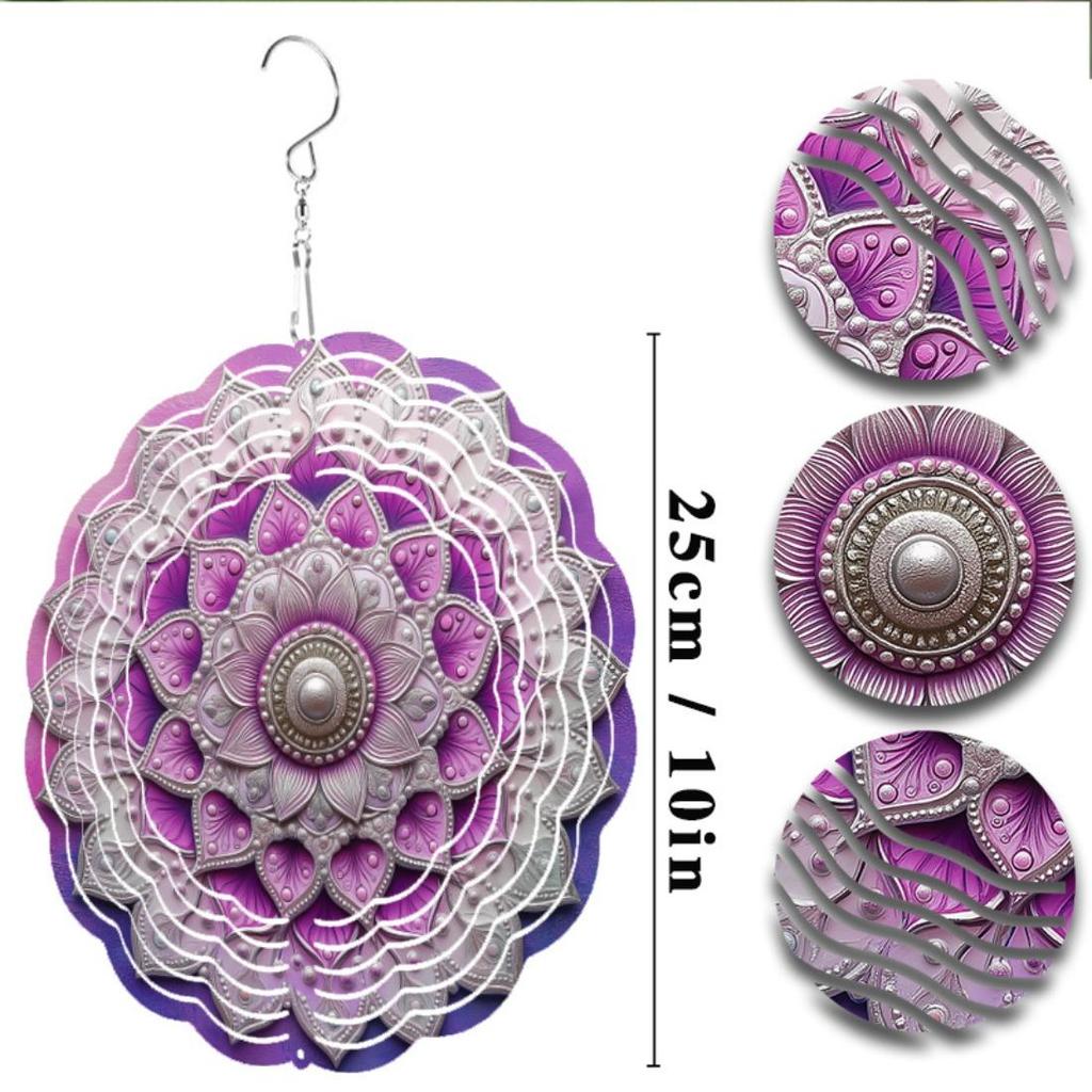 1pc 2D Pink Purple Mandala Wind Chime - Intricate Metal Hanging Spinner for Garden and Patio Decor, Outdoor Ornament with Floral Patterns