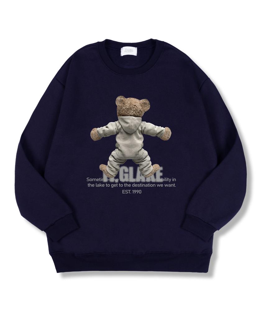 TI.GLAKE Back Hood Bear Oversized Double-Sided Sweatshirt Navy