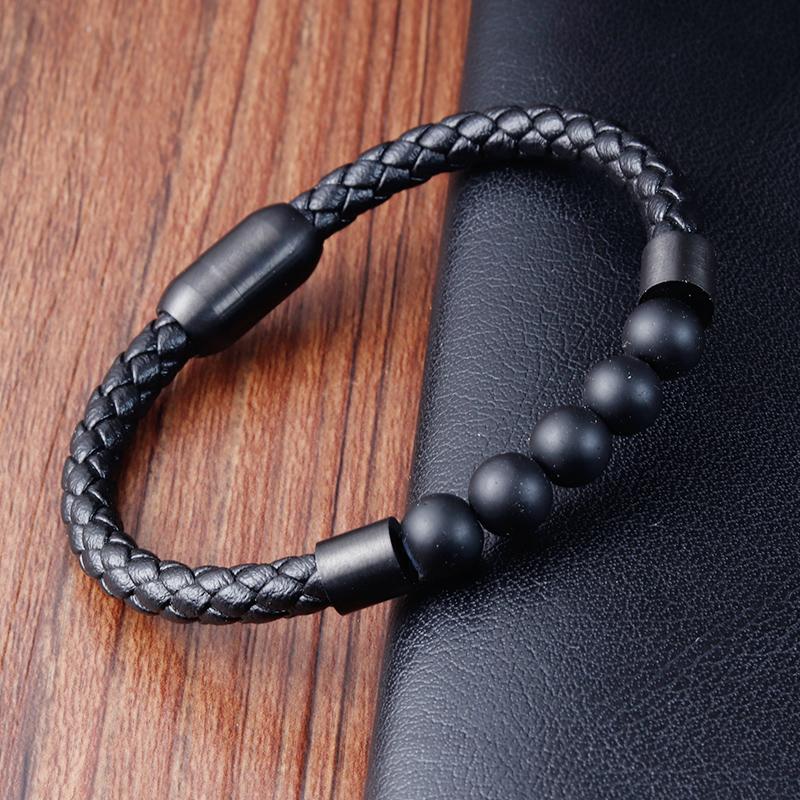Titanium Steel Man Chakra Jewelry Wholesale Stainless Steel Men's Black Leather Volcanic Beaded Braclets Stone Leather Bracelets