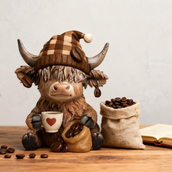 Yousheng 1/2Pcs Coffee Cup Highland Cow Figurine Coffee Bean Highland Cattle Resin Statue Sculpture Decoration Ornament Calf Lovers Gifts