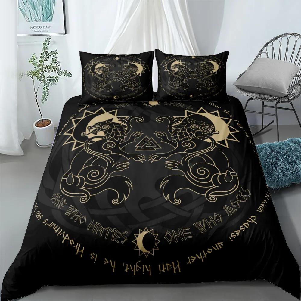 Vikings Yggdrasil Fenrir Wolf Bedding Set King Queen Double Full Twin Single Size Mythology Symbols Runes Bed Linen Set