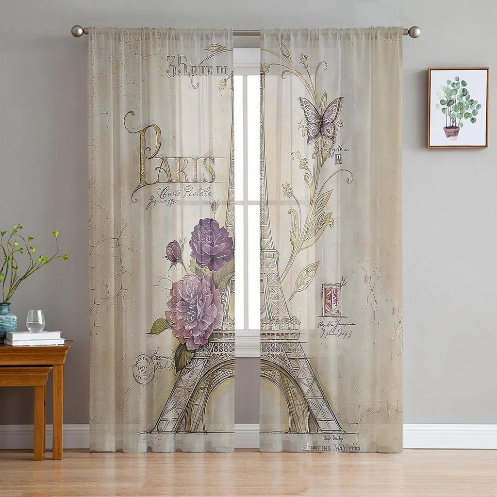 Black And White Paris Drawing Tulle Curtains for Living Room Drapes Window Sheer Modern Curtains for Bedroom Decor