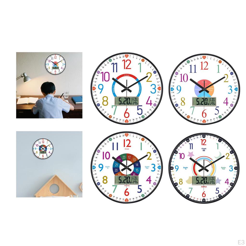 Kids Wall Clock 12" Colorful Teaching Time Easily Silent for Classroom Playroom