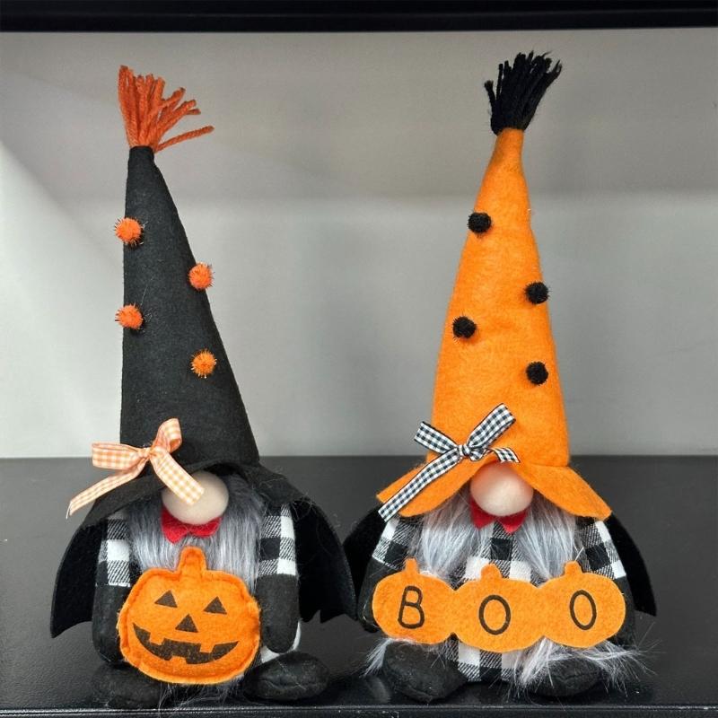 Cute Halloween Gnomes Figurine With Bat Wing and Pumpkin Design Plush Doll for Home Party Shop Desktop Shelf Decors