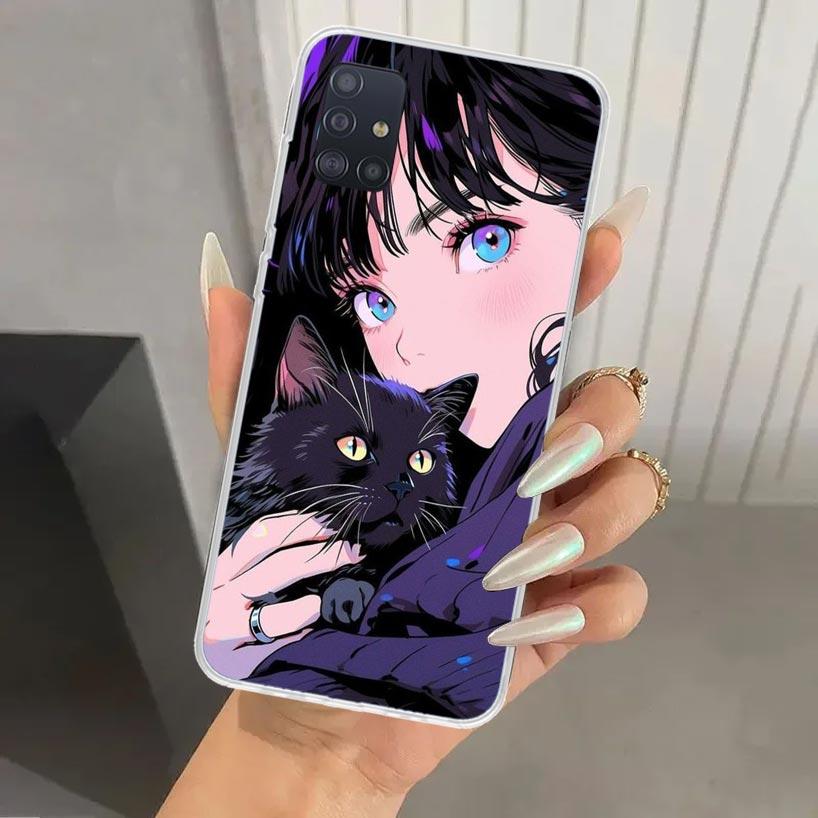 Anime Girls Cute Black Cat Phone Case for Samsung Galaxy A52 A32 A22 A12 A02S A50S A30S A10S Note 20 Ultra 10 Plus S10 A31 A20 A