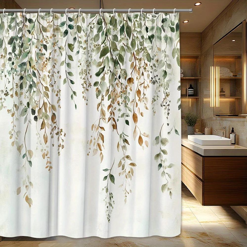 1 Watercolor Floral Shower Curtain - Cascading Green, Brown, Tan Leaves and Small Flowers On a Cream Background with Hook