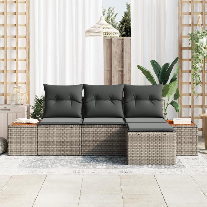 VidaXL Ensemble de Canapé de Jardin 4 Pièces avec Coussins Gris Rattan Poly Acacia 3348060
