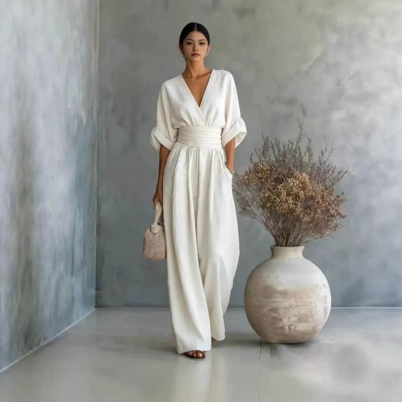2026 Elegant V-Neck High-Waist Wide-Leg Jumpsuit Women Slimming Fit Casual Office Wear