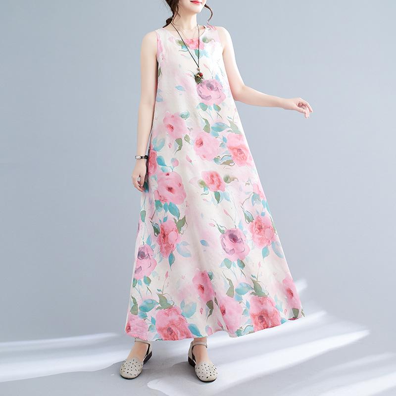 Real Summer New Literary Loose Cotton and Linen Printing Round Neck Sleeveless Dress Women's Medium and Long