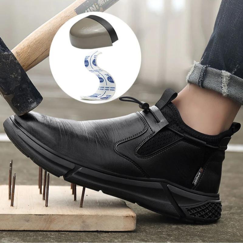 Black Leather Waterproof Safety Work Shoes Men Steel Toe Office Boots Shoes Indestructible Construction Male Boots Footwear