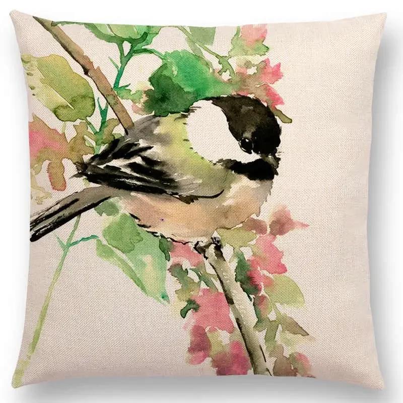 Watercolor Birds Series Cushion Cover Goldfinch Chickadee Cardinal Kingfisher Prints Pillow Case