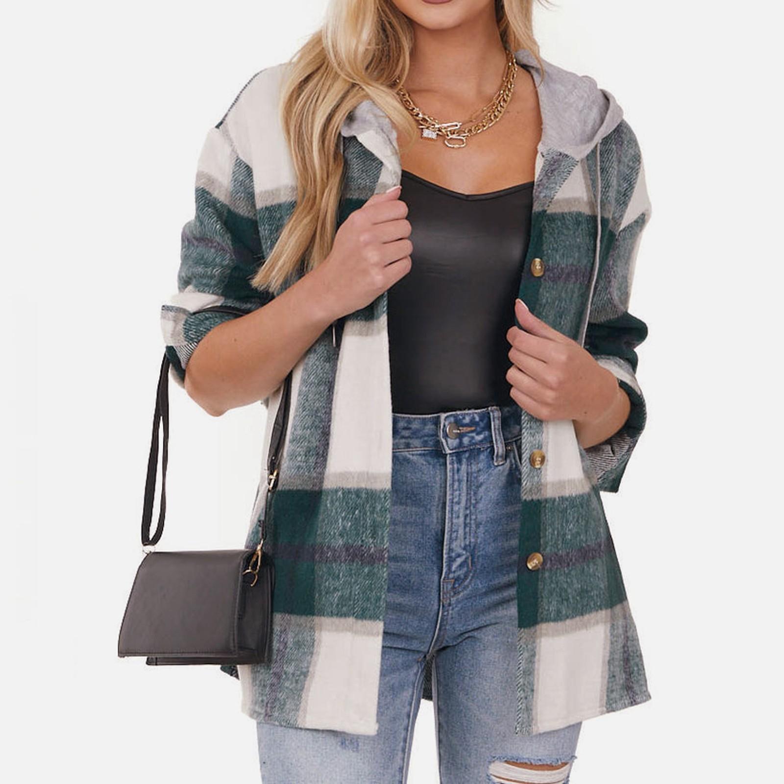

Women s Fashion Casual Temperament Hooded Plaid Button Wool Long Sleeve Coat XXL зелений
