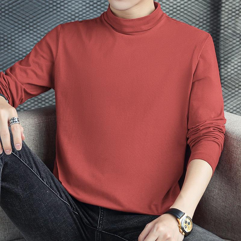 Men's Long Sleeve Cotton T-Shirt, Semi-High Neck, Solid Color Base Layer for Autumn/Winter