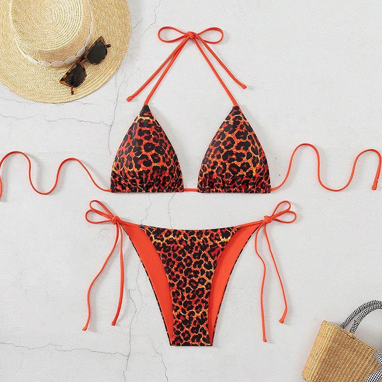 Women’s Leopard Print Bikini Swimsuit, Sexy Halter Backless Tankini Bathing Suit Two-Piece Tie Side Swimwear