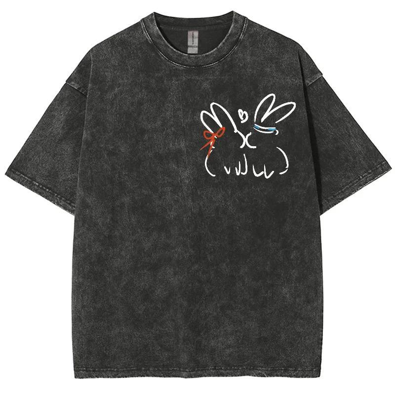 

Футболка мужская и женская с мультяшным принтом кролика, модная футболка с коротким рукавом, выстиранная и состаренная, в стиле ретро S