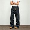 Mens Relaxed Fit Straight Leg Jeans With Multi-Pocket Deconstructed Design Washed Cotton Streetwear Style