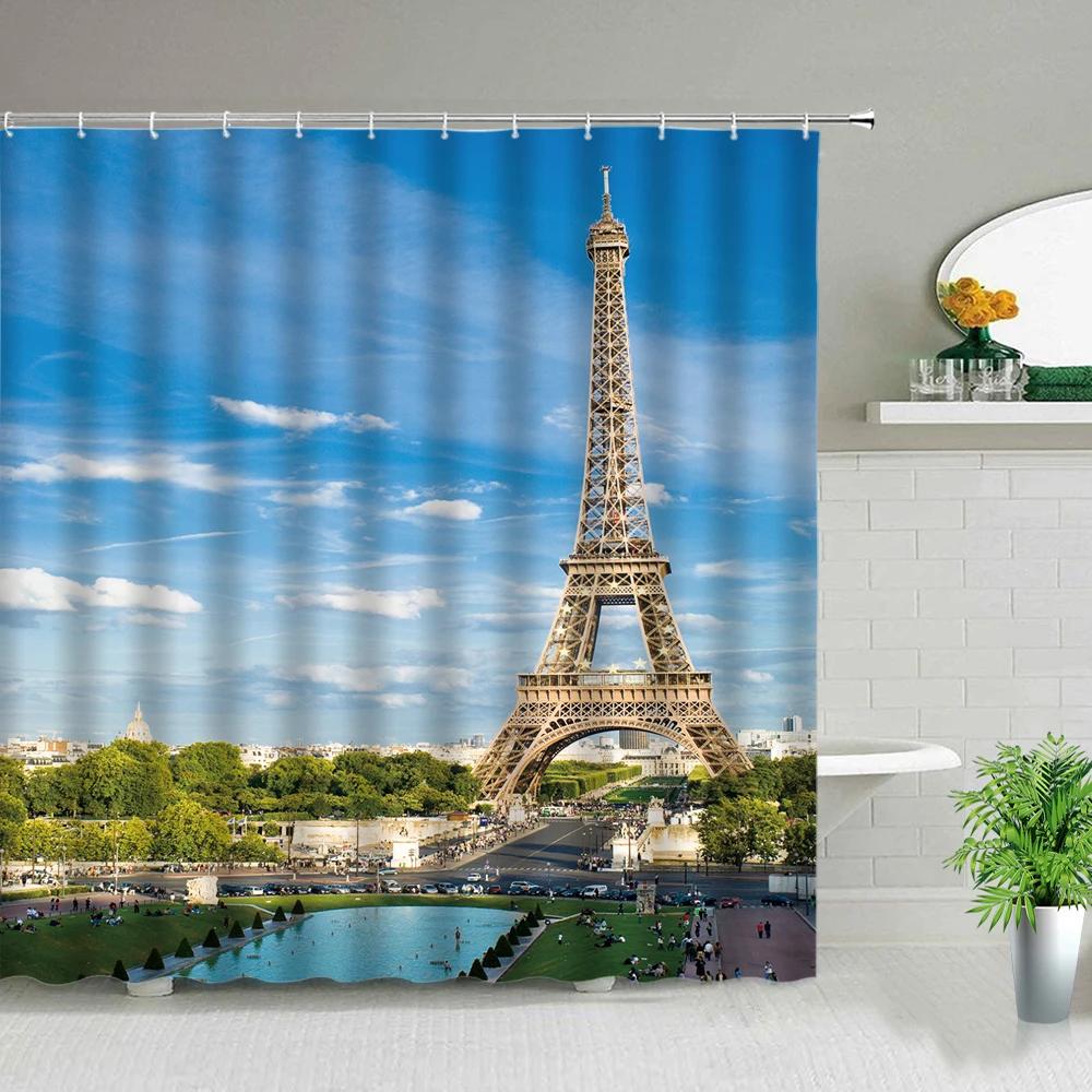 Paris Street Scenery Black And White Design Red Tram Bathroom Shower Curtain Waterproof Bathtub Home Decor Background Curtains
