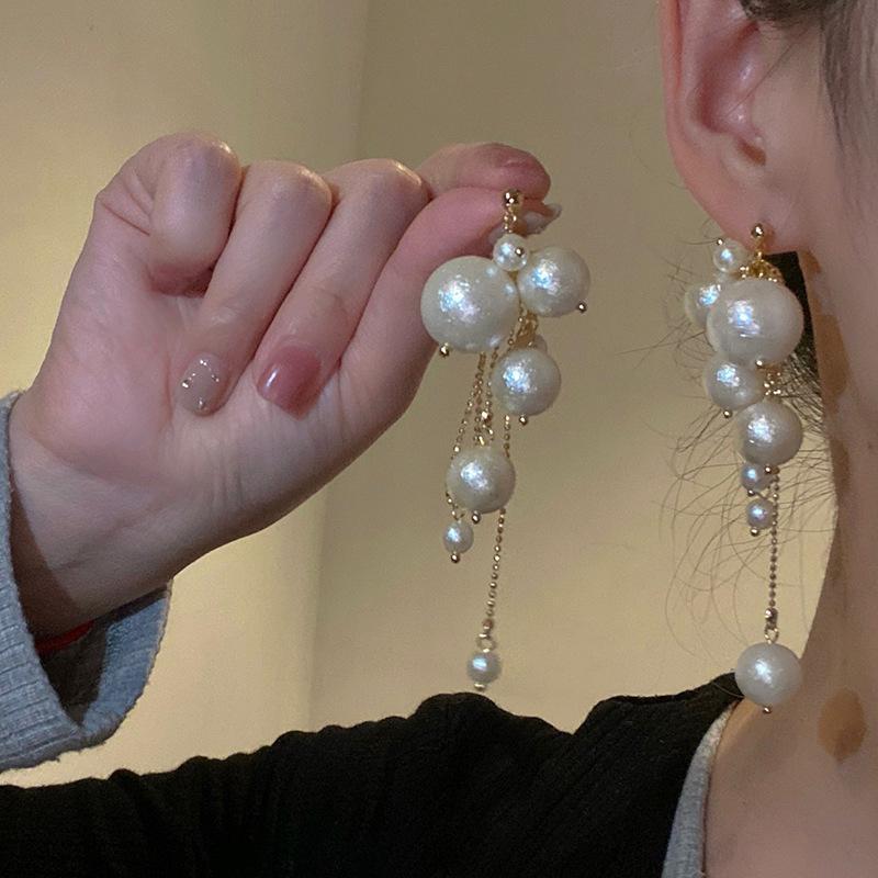 Fashion Long Tassels Simulation Pearl Drop Earrings For Women Vintage Elegant Pendant Earrings Wedding Party Jewelry
