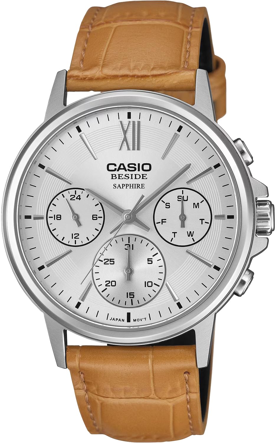 

Casio BESIDE Quartz Men s Watch BMS-300L-5AV Sapphire Glass Camel Leather Band Multi-Axis 24-Hour Display Silver