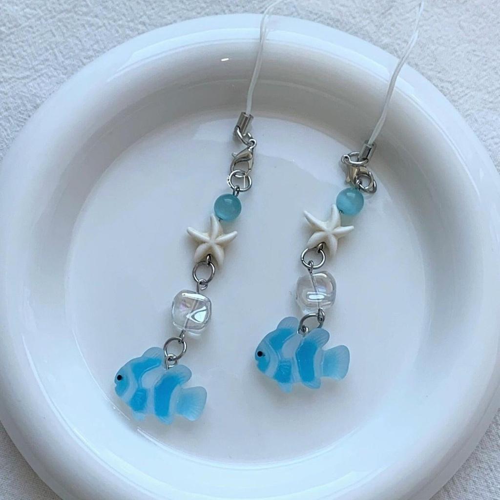 Handmade Beaded Phone Chain Fish Cellphone Charm Acrylic Keyring Pendant Mobile Phone Charm Detachable Bag Accessory