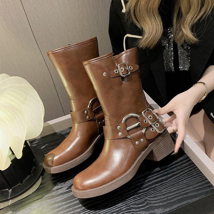 Belt Buckle Coarse Heel Martin Boots Women's Retro But Knee Short Boots Western Belt Buckle Boots Women