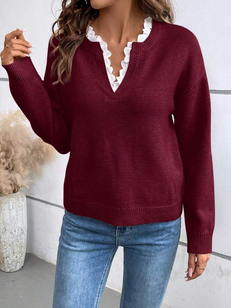 Wine Red V-Neck Knit Sweater