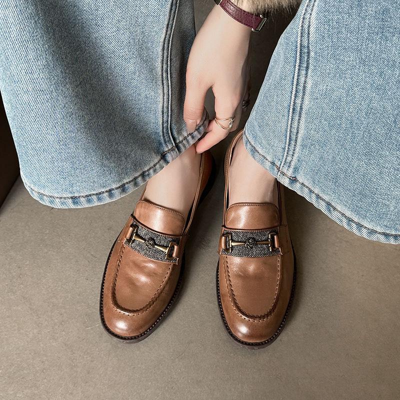 High Quality | 2.5cm British Style Brown Loafers Women's One-pedal Low-heeled Beanie Small Leather Shoes Horse Buckle Single Shoes