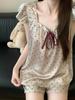 French court style polka dot printing short-sleeved ice silk pajamas women's summer new skin-friendly and cool loungewear two-piece set