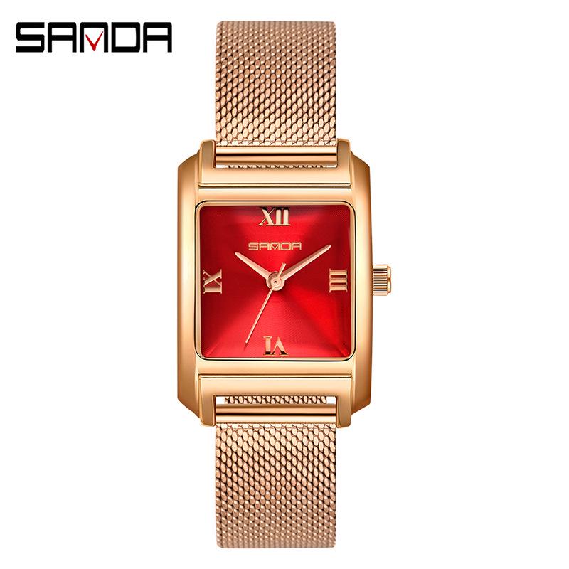Sanda Women's Retro Leather & Mesh Strap Casual Wristwatch