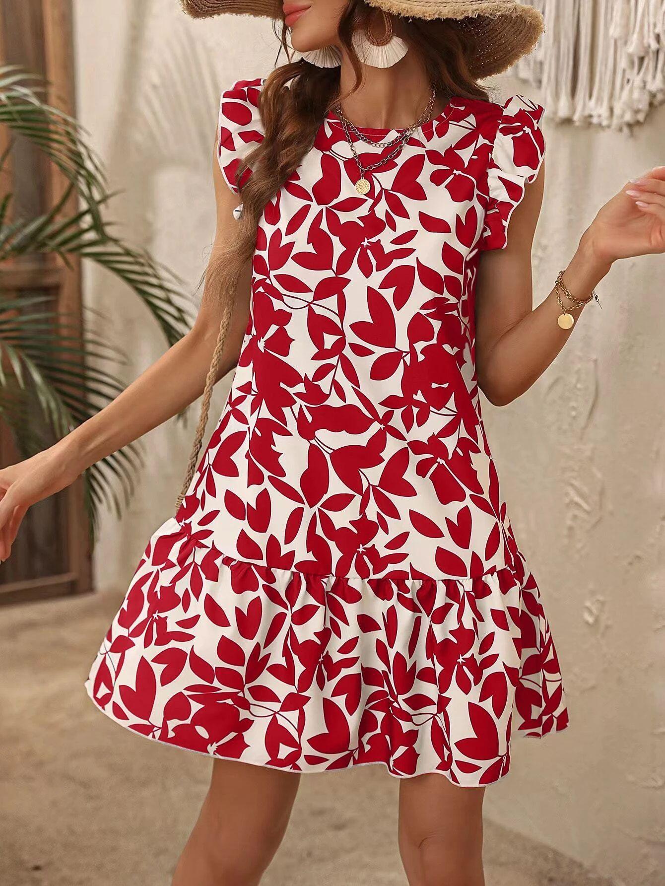 Women European Style Summer Round Neck Floral Print Ruffle Casual Dress S красный