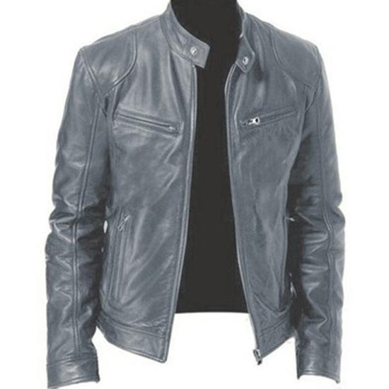Frühling und Herbst Business Gentleman Reißverschluss Strickjacke Taschendekoration PU-Leder Vertikaler Kragen Slim Fit Lederjacke Mantel Mode Herrenbekleidung