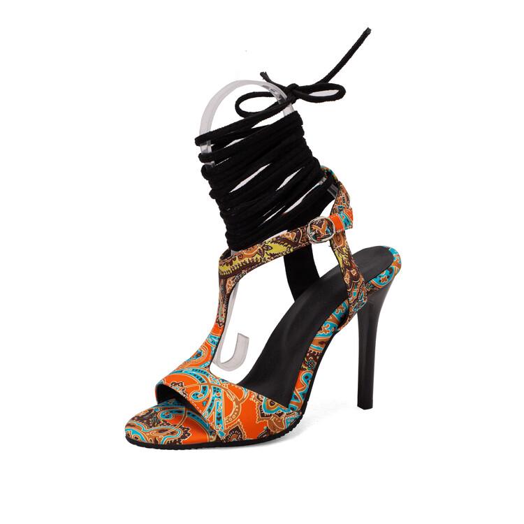 FOREADA Women Pu Leather Sandals Thin Super High Heels Cross Strap Lace Up Sexy Party Summer Shoes Black Yellow Orange Red
