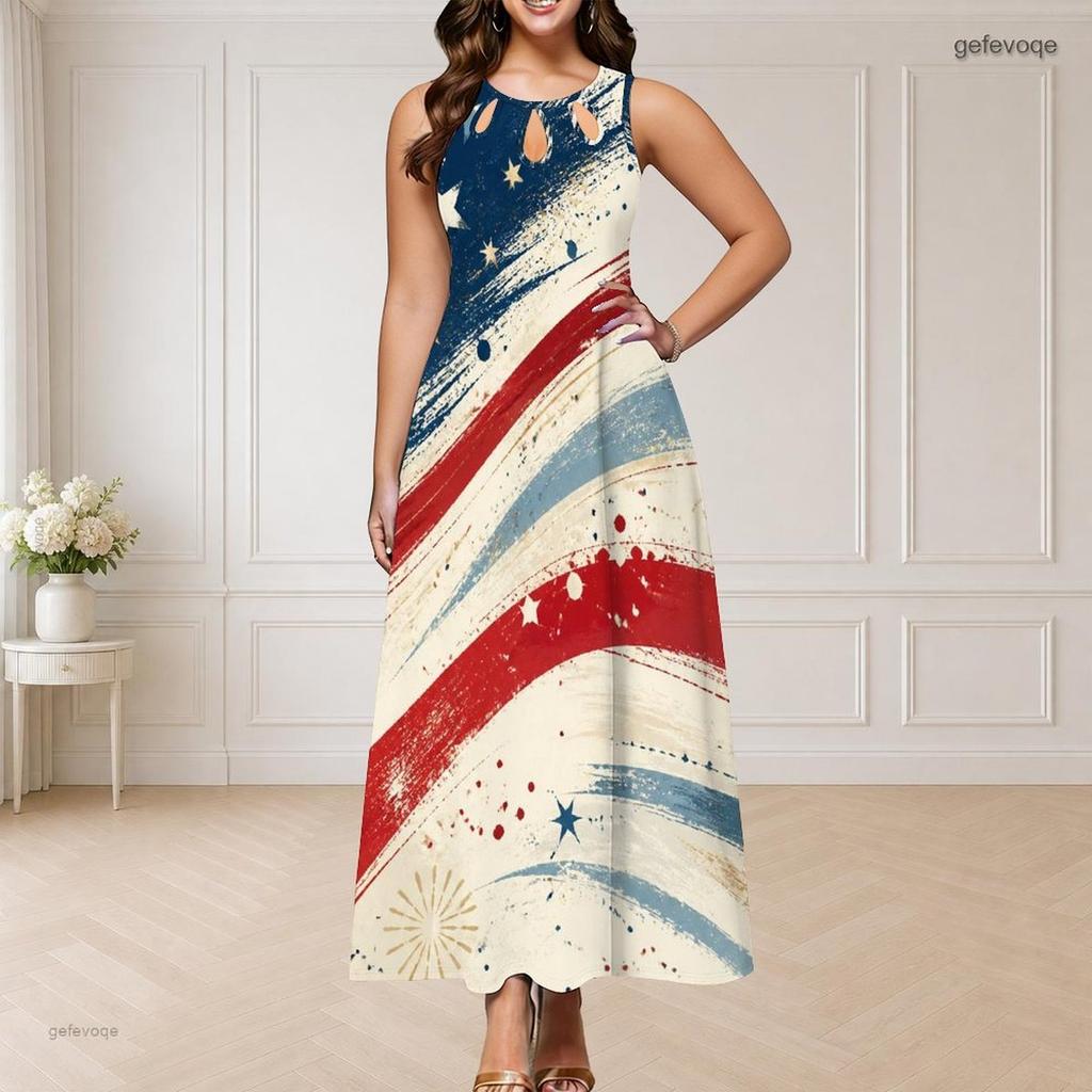 Women Plus Size Round Neck Triple Keyhole Cutout Sleeveless Printed Red Blue Beige Long Dress