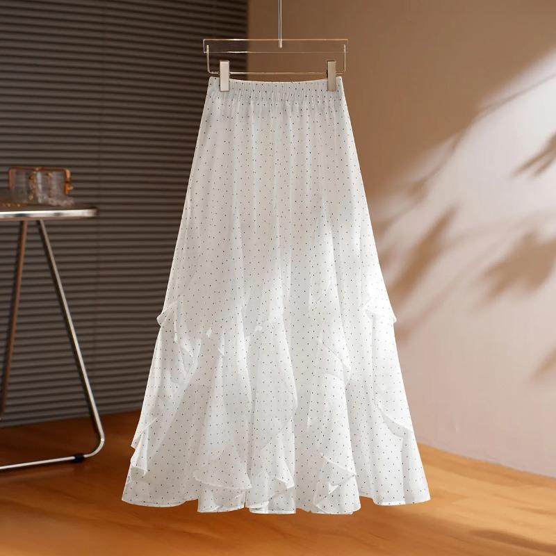 Women Polka Dot Ruffle Tulle Maxi Skirt Elastic Waist Casual Flowy A-line Skirt