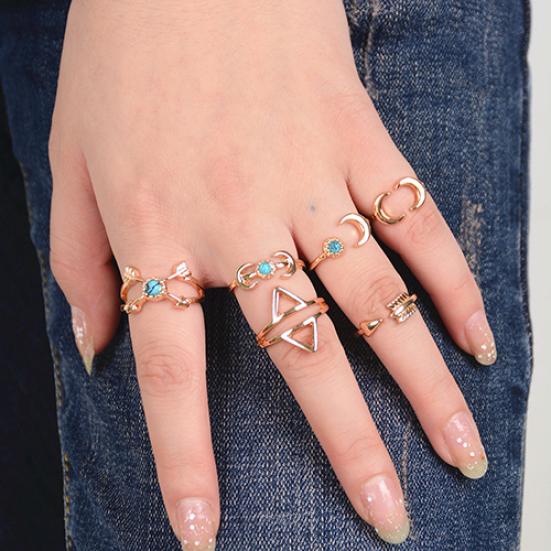 6Pcs Turquoise Arrow Moon Triangle Above Knuckle Ring Mid Finger Tip Stack Rings