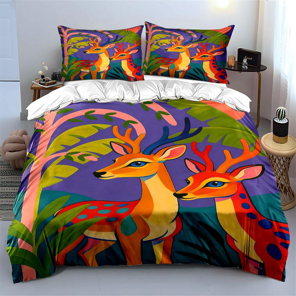 Colorful Deer and Foliage. Bedding Sets Duvet Cover Sets Duvet Covers Pillowcases(1 * Duvet Cover 2 * Pillowcases, Without Duvet Insert)