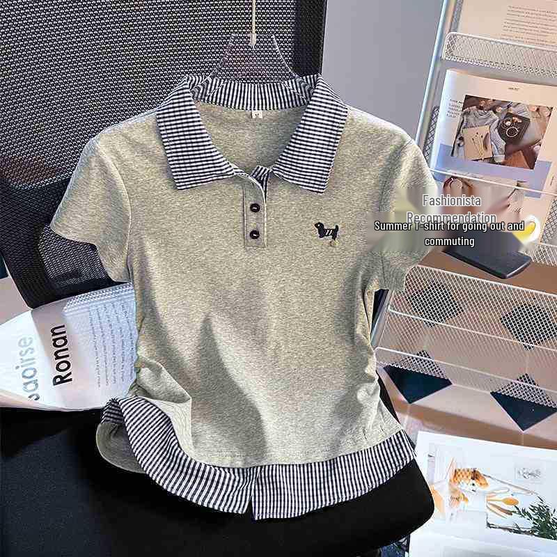 Camiseta de Manga Corta a Cuadros con Solapa para Mujer Talla Grande - Top de Moda Estilo Universitario Adelgazante Verano 2025