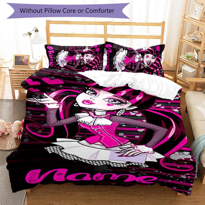 3pcs Custom Name Cartoon Monster High Bedding Set Duvet Cover Closure Includes 1 Duvet Cover & 2 Pillowcases for All Seasons Bedroom Decor