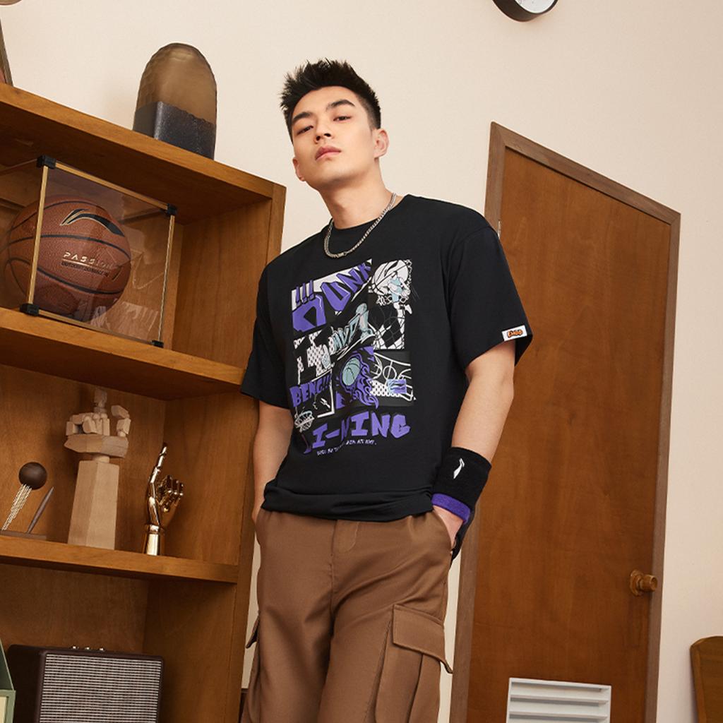 Li-Ning Quick-Dry Breathable Cool Letter Print Pullover Round Neck Comfortable Casual Short Sleeve T-Shirt Men Tops Black AHSUD81-2